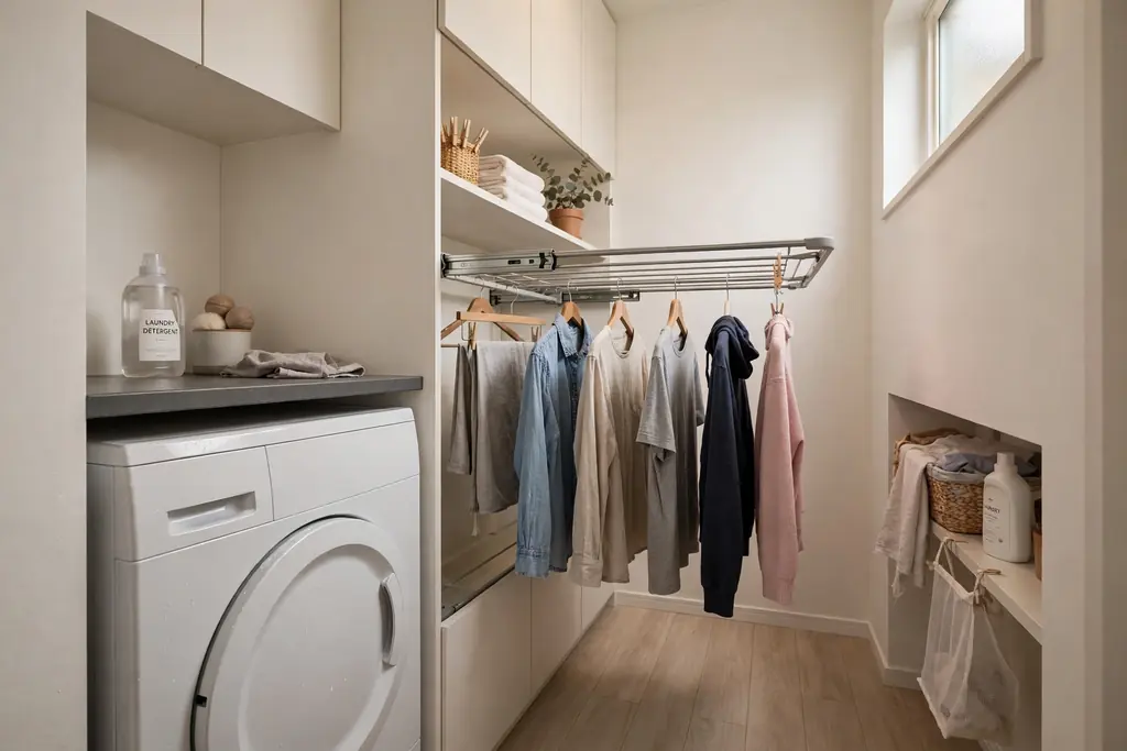 Pull-out drying rack slid out in a narrow laundry room holding hanging clothes