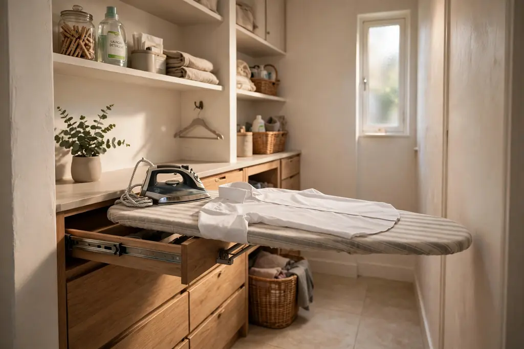 Pull-out ironing board slid out in a narrow laundry room with an iron resting on it