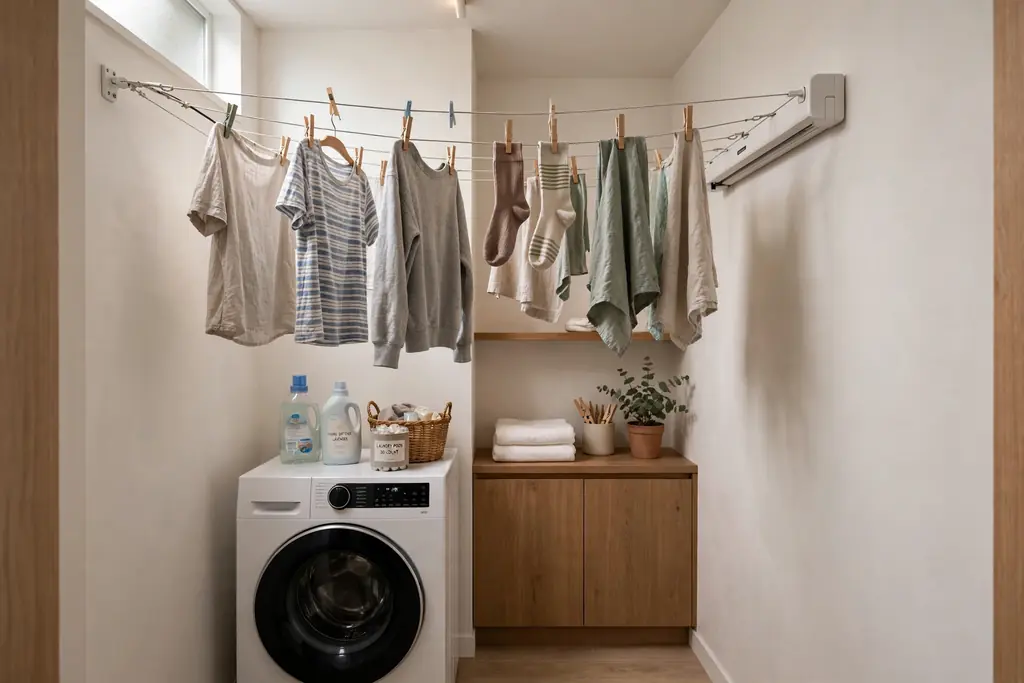 Retractable clothesline strung across a narrow laundry room with clothes hanging