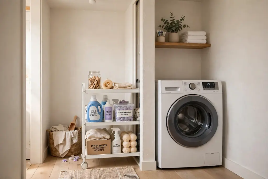 Slim white rolling cart with shelves of laundry supplies beside a washing machine
