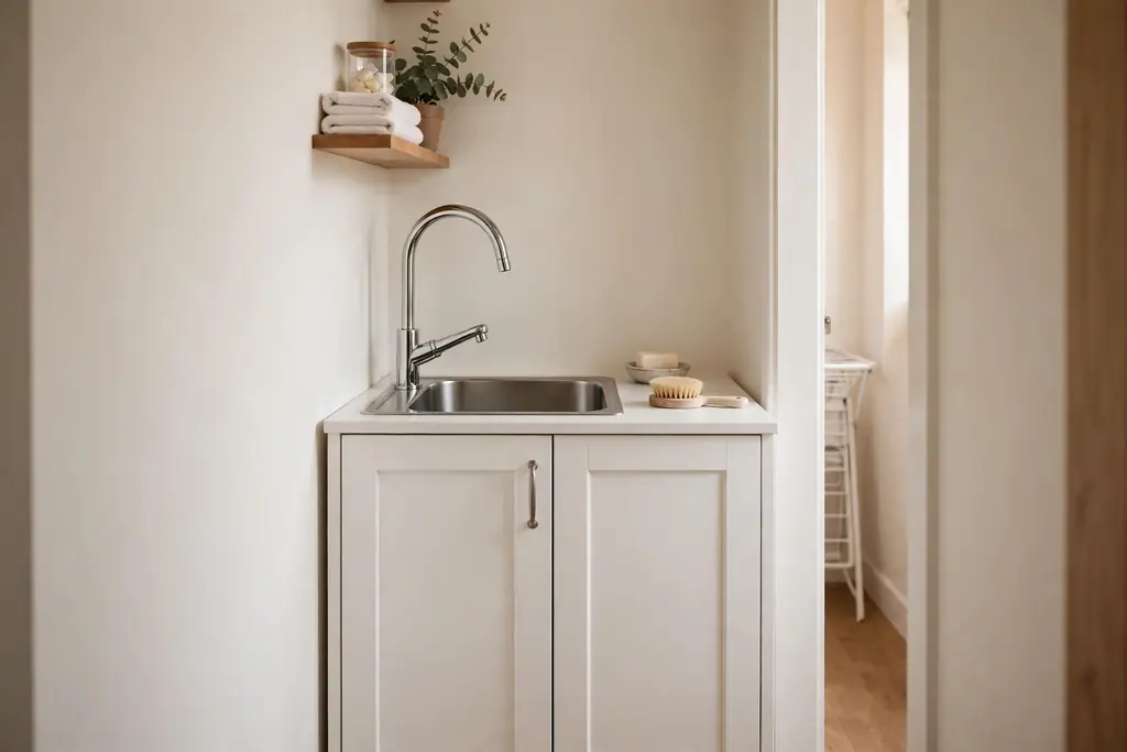 Slim utility sink in a white cabinet in a narrow laundry room with a tap and brush
