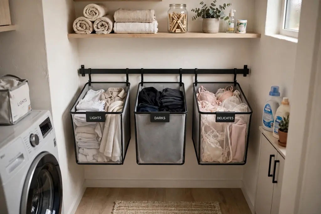 Three slim labelled sorting bins on a wall rail in a narrow laundry room