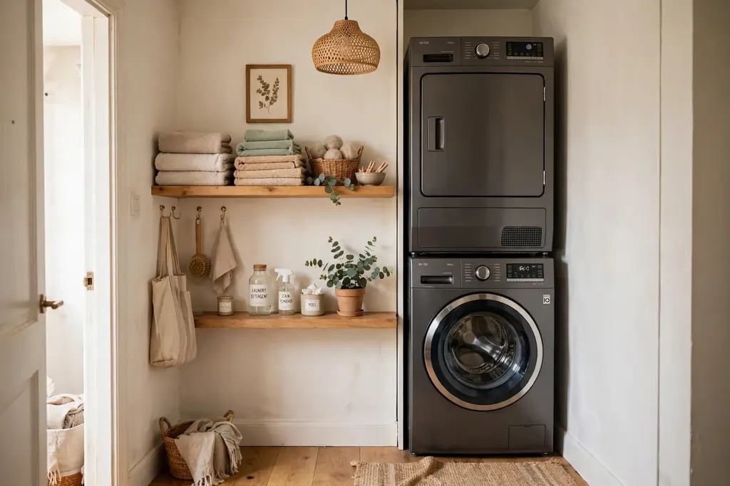 Stacked washer and dryer tower in a narrow laundry room with a shelf beside it