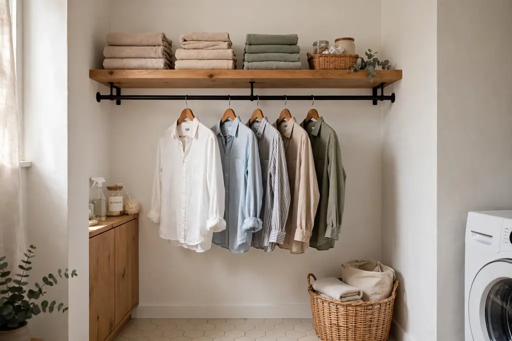 Clothes on hangers on a rod fixed under a wood shelf in a narrow laundry room