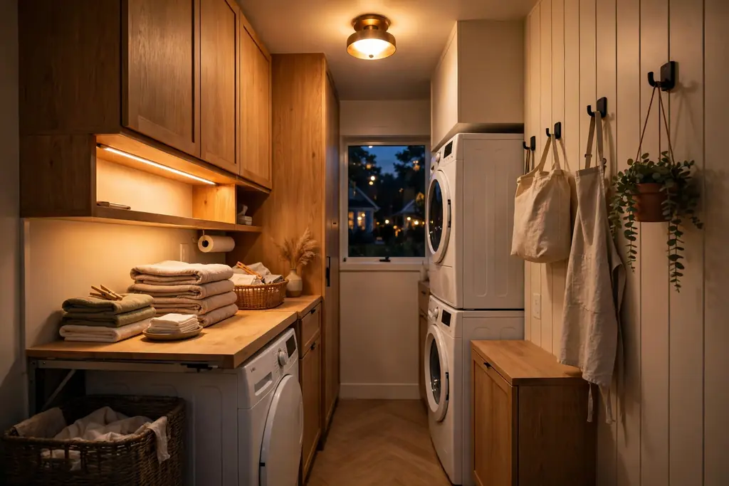 Narrow laundry room lit with warm ceiling light and under-shelf task lighting