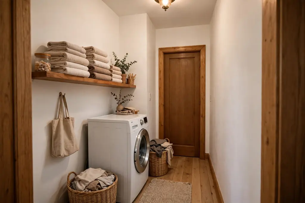 Narrow laundry room with warm white walls