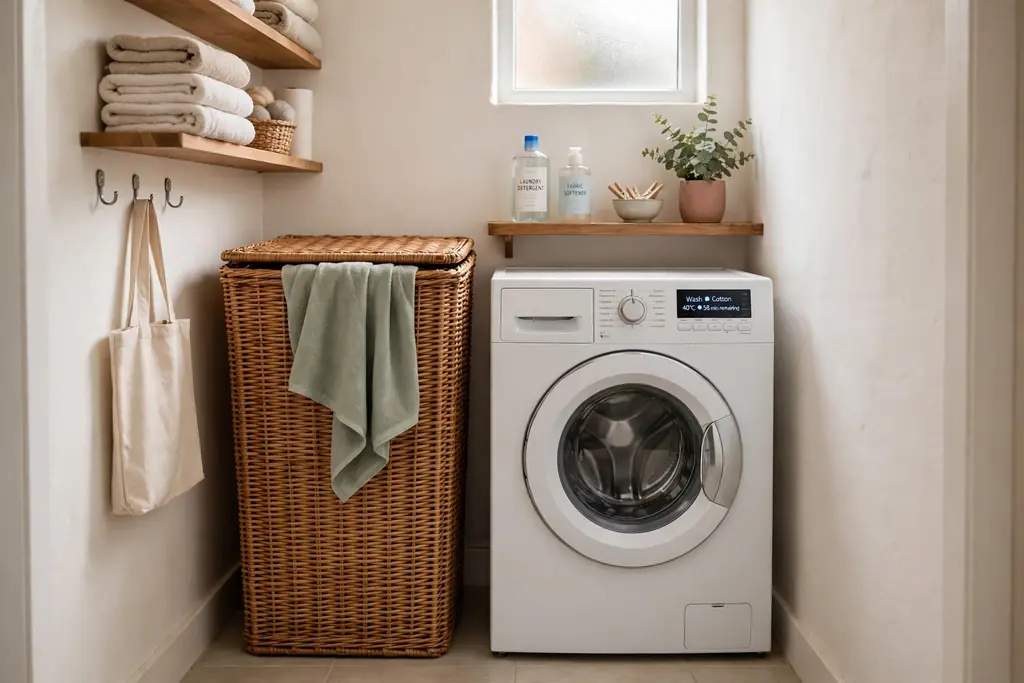 Tall wicker hamper with a lid beside a washing machine in a narrow laundry room