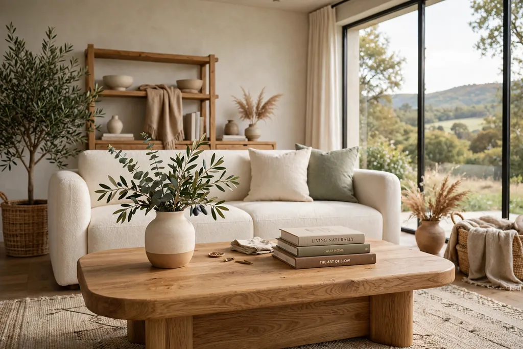 Natural oak coffee table in front of a cream sofa, with a vase and books on top.