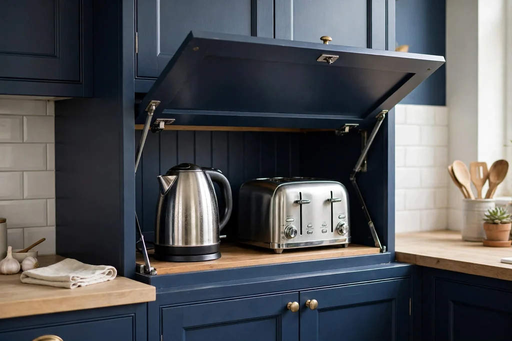 Appliance garage in navy cabinetry with its door open showing a kettle and toaster.