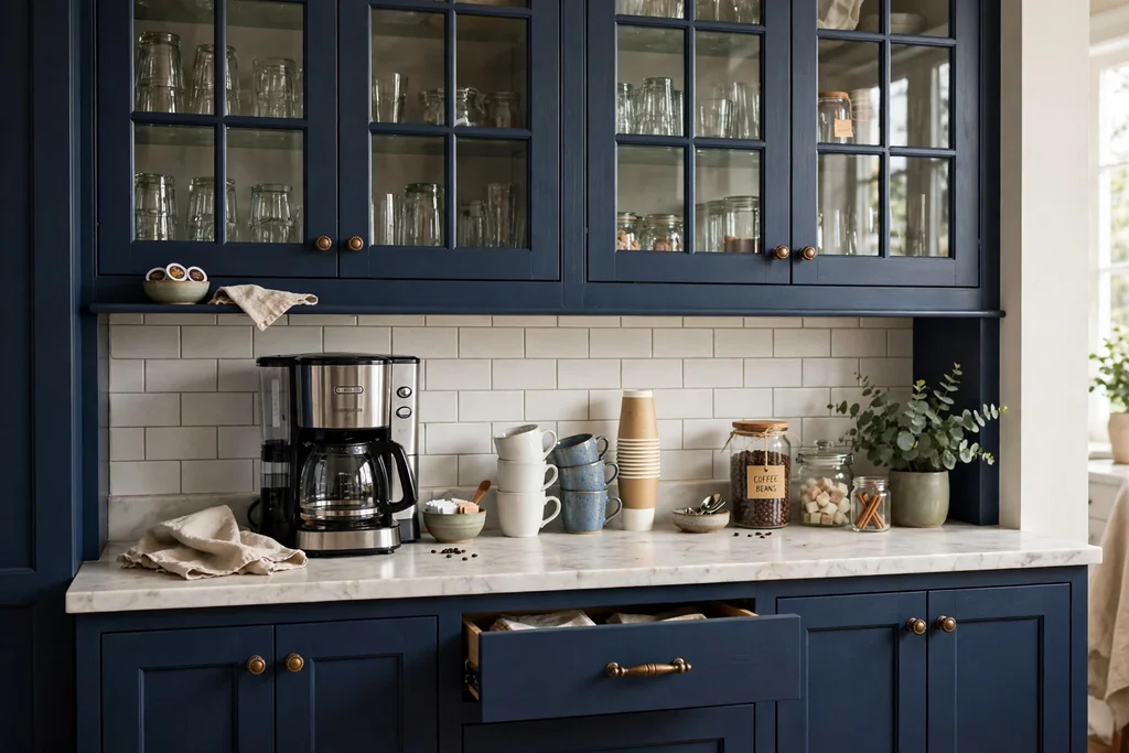 Beverage station built into navy cabinets with cups, a coffee maker, and glass uppers.