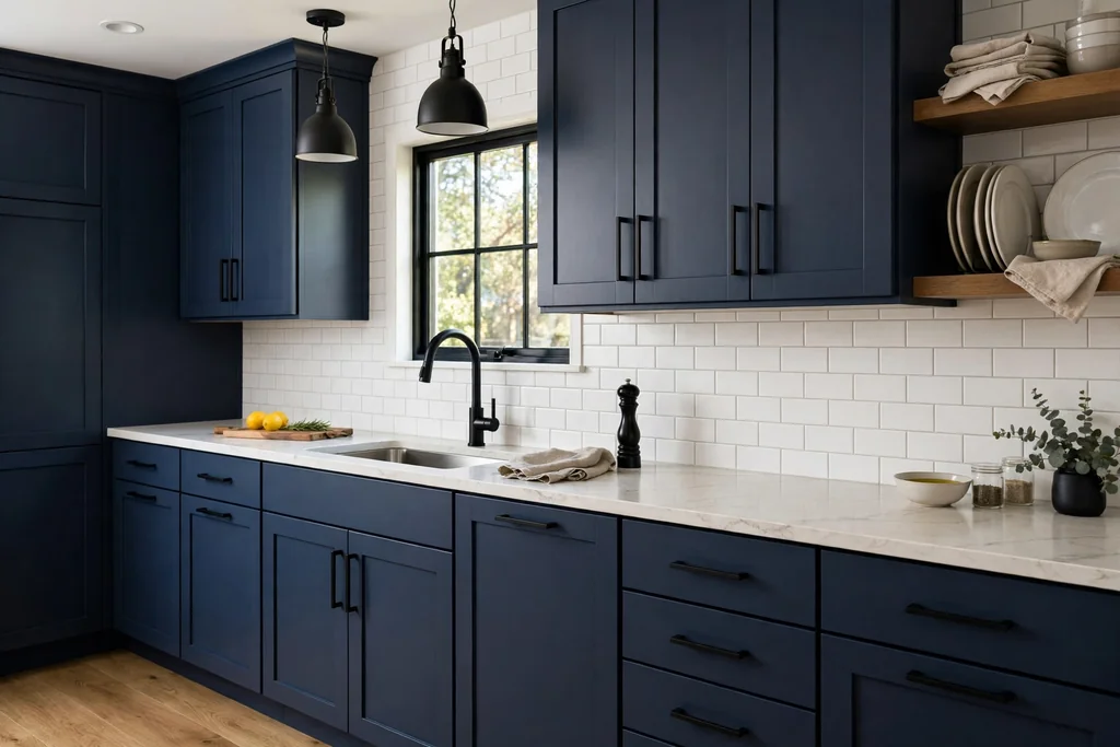 Navy kitchen cabinets with matte black bar pulls and a black tap.