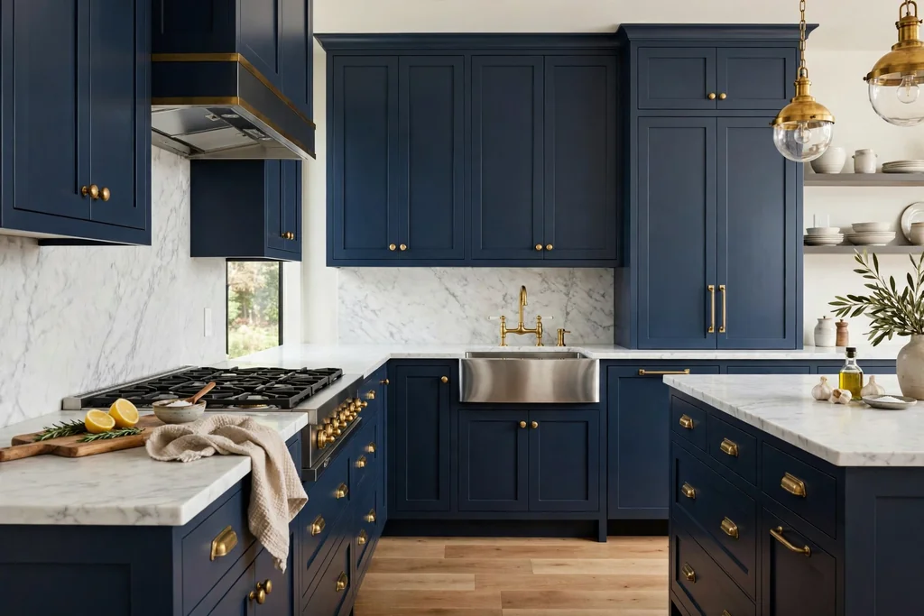 Navy kitchen cabinets with brass knobs and pulls and white marble counters.