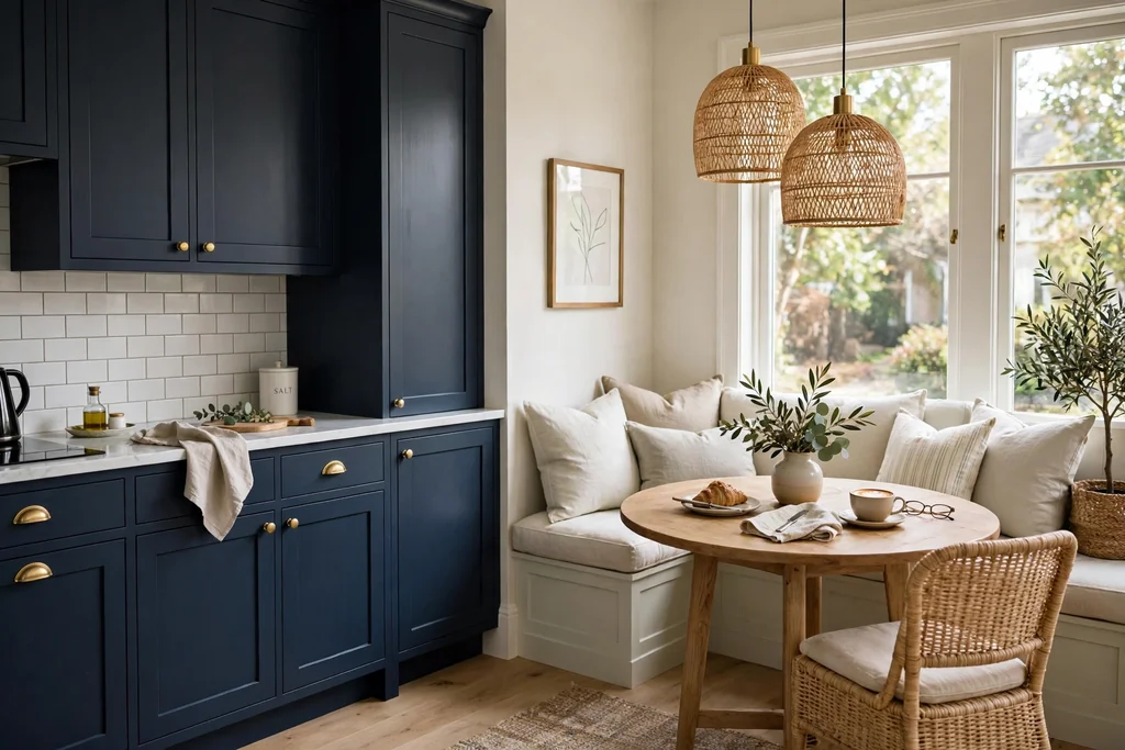 Navy kitchen cabinets beside a breakfast nook with a pale banquette and round table.