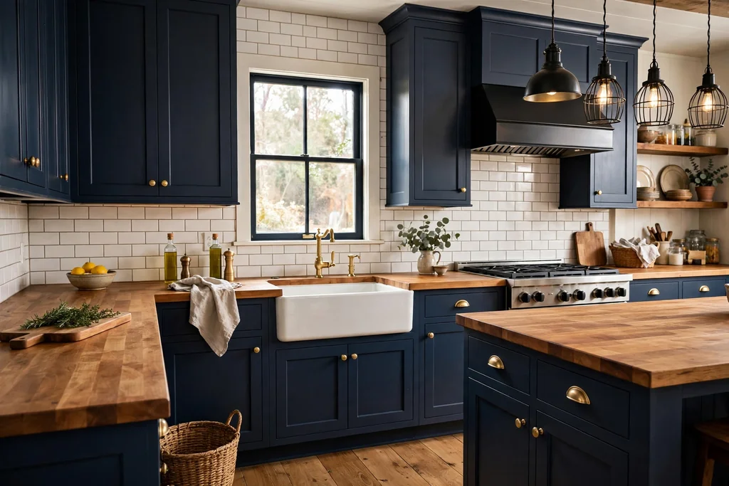 Navy kitchen cabinets with warm butcher block counters and a farmhouse sink.