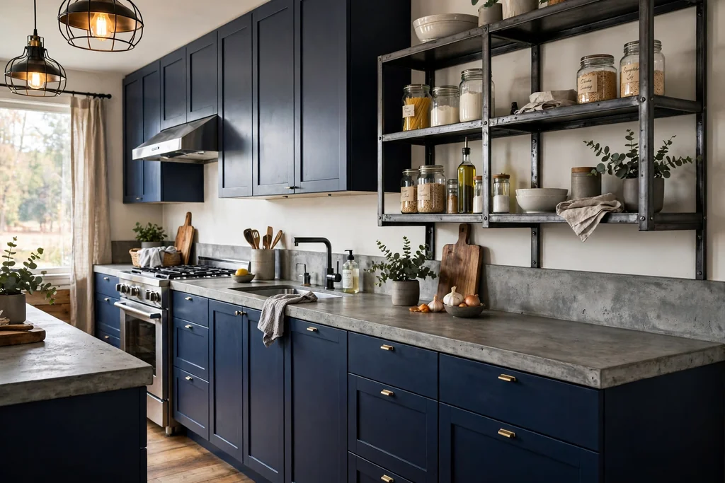 Navy flat-front kitchen cabinets with concrete-look counters and steel shelving.