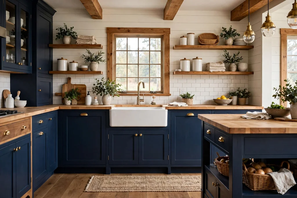 Navy farmhouse kitchen cabinets with a white apron sink and wood accents.