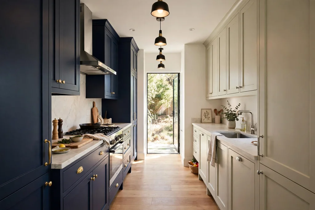Galley kitchen with navy cabinets on one run and pale cabinets opposite.