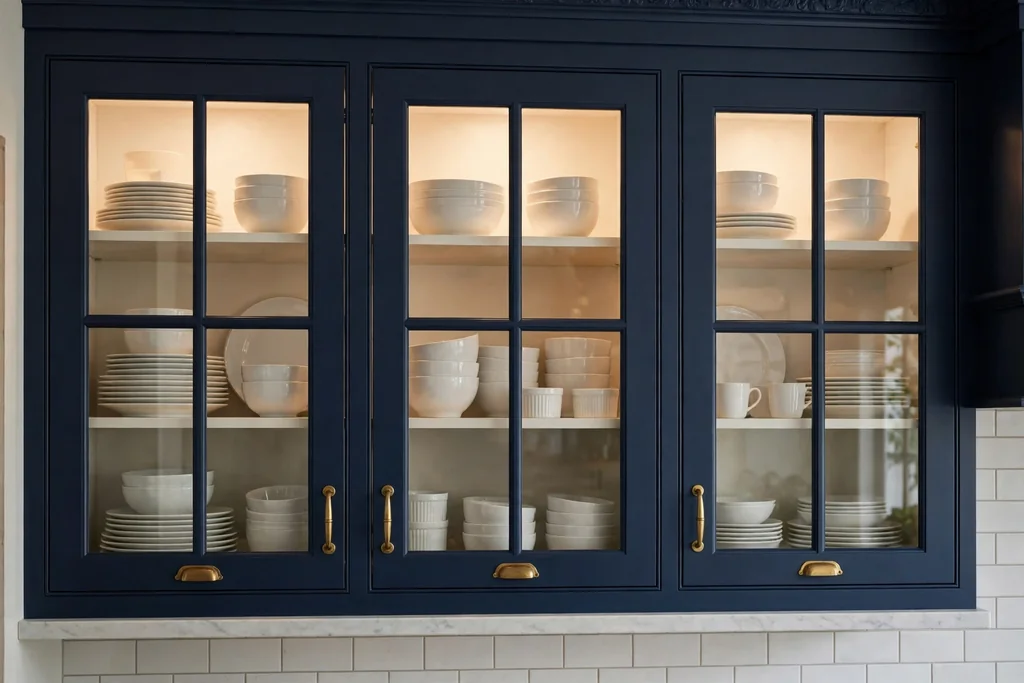 Glass-front navy upper kitchen cabinets with white dishes lit from inside.