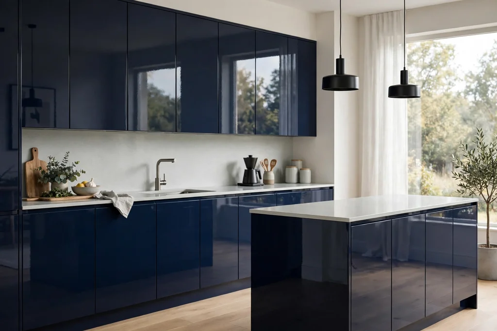 High-gloss navy flat-front kitchen cabinets with pale grey counters and no visible handles.
