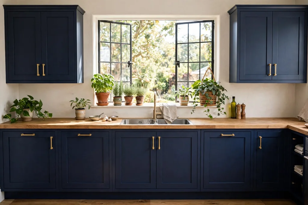 Navy kitchen cabinets with potted herbs and plants by a sunny window.