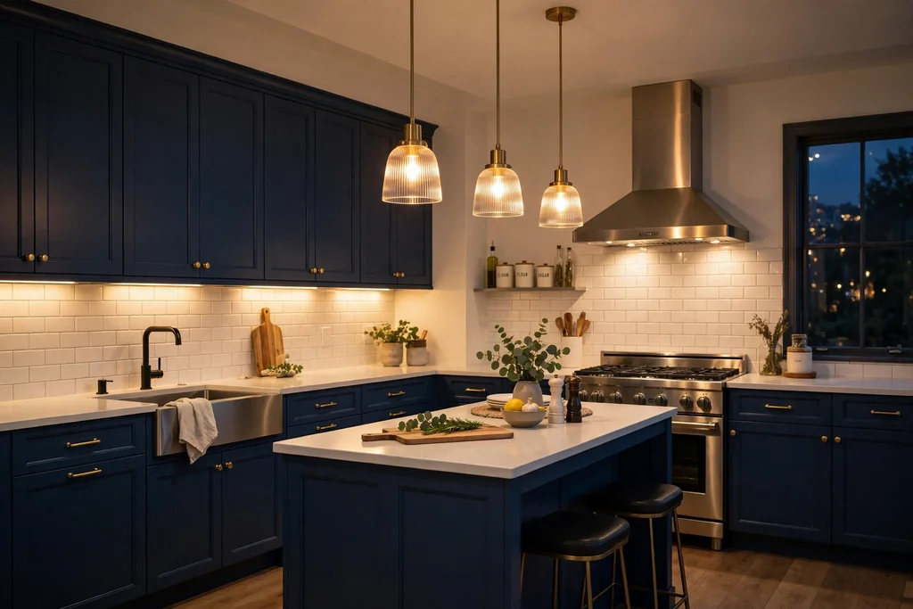 Navy kitchen cabinets lit by under-cabinet lights and pendants in the evening.