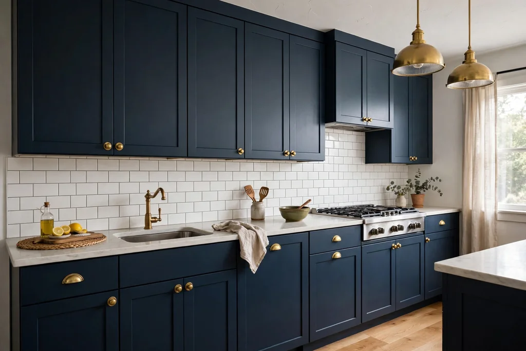 Matte navy Shaker kitchen cabinets with white subway tile and brass knobs.