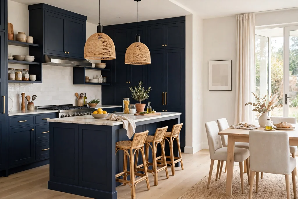 Open-plan kitchen with navy cabinets and island beside a pale dining area.