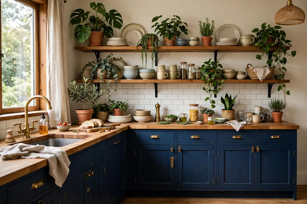 Navy kitchen cabinets with open wood shelves holding dishes and plants.