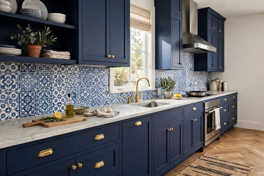 Navy kitchen cabinets with a blue and white patterned tile backsplash.