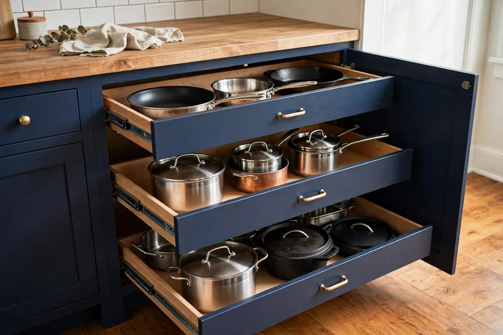 Open navy base cabinet with pull-out drawers holding pots and pans.