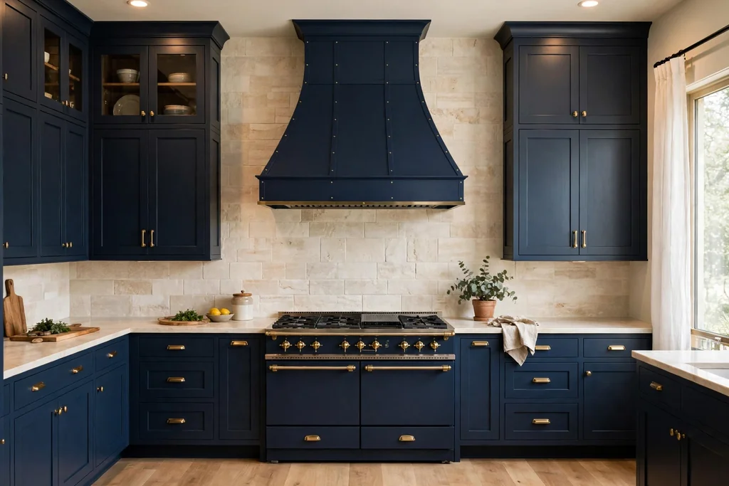 Navy kitchen cabinets flanking a statement navy range hood with pale stone behind it.