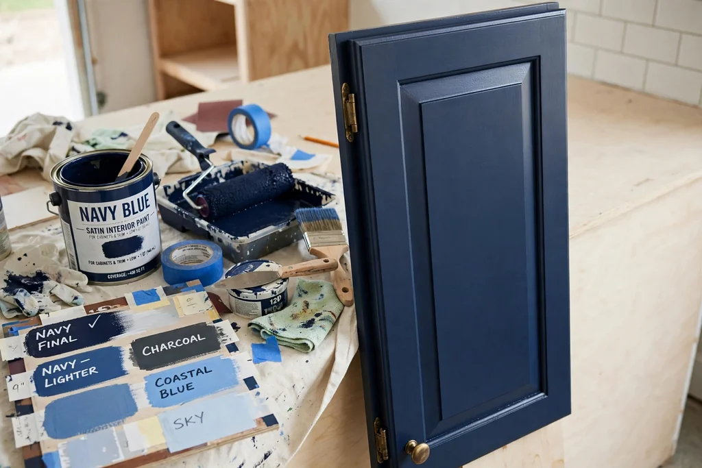 Repainted navy kitchen cabinet door beside painting supplies and a sample board.