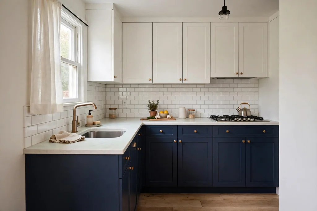 Small kitchen with navy lower cabinets, white uppers, and a pale counter.