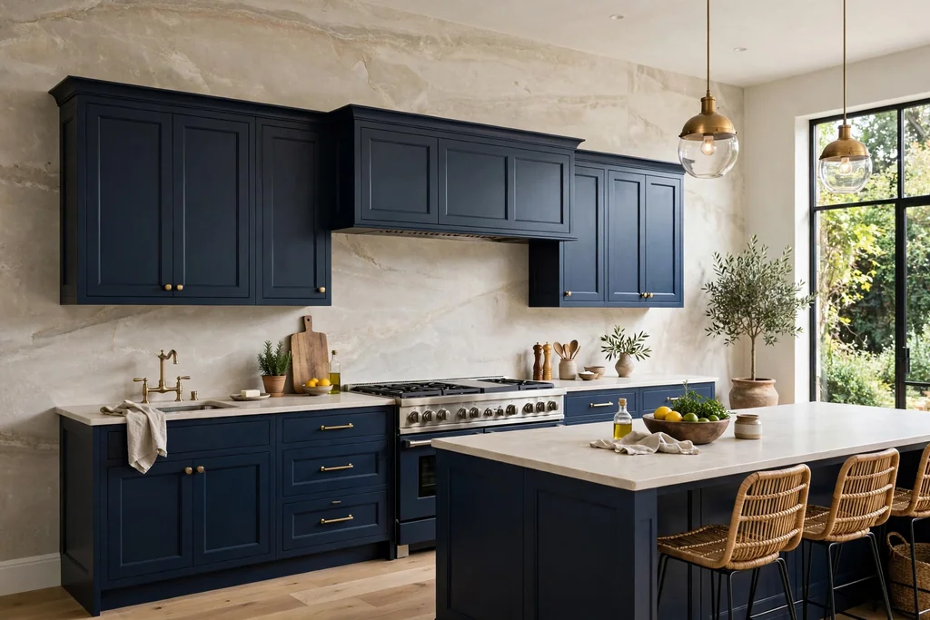 Navy kitchen cabinets with a full-height pale stone slab backsplash.