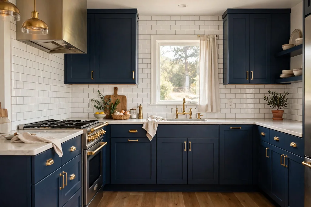 Navy kitchen cabinets with a white subway tile backsplash and brass hardware.