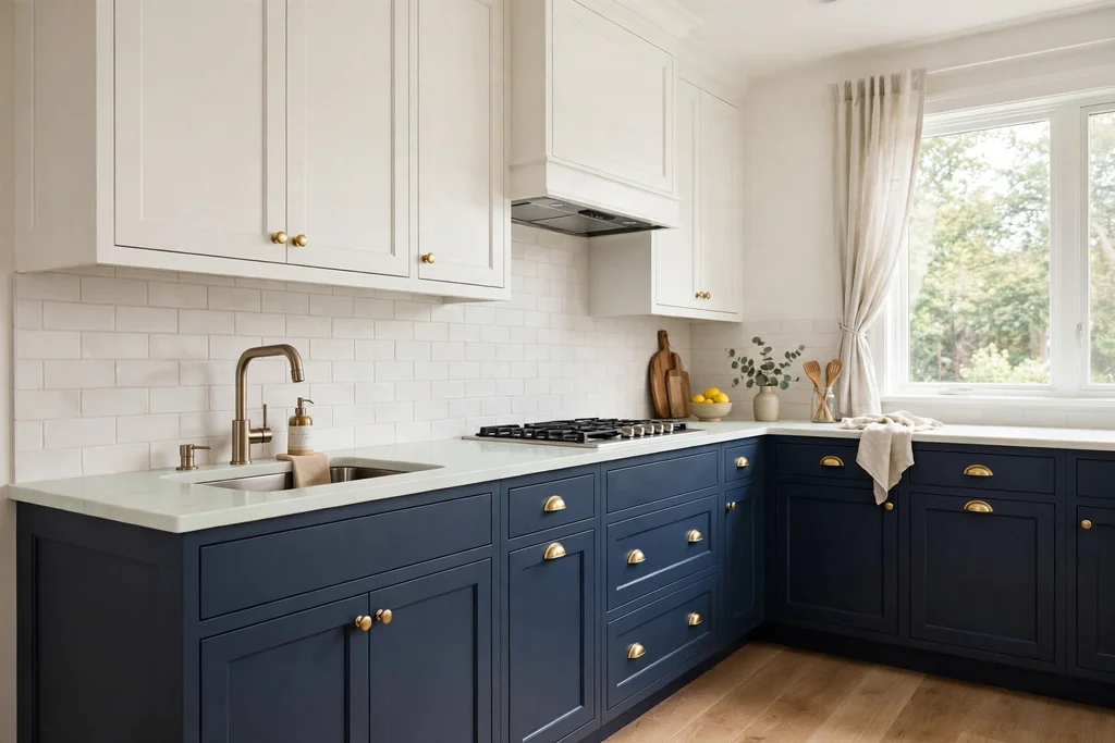 Navy lower kitchen cabinets with white upper cabinets and a pale counter.