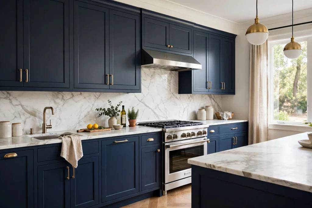 Navy kitchen cabinets with white marble counters and a marble backsplash.