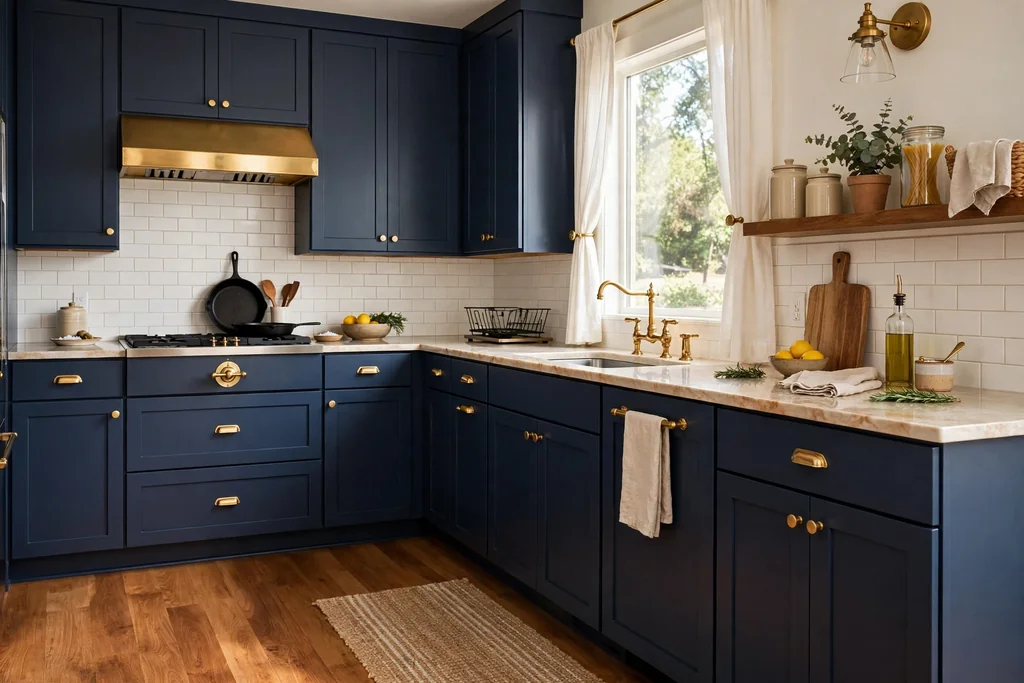 Navy kitchen cabinets with warm wood floors and brass hardware.