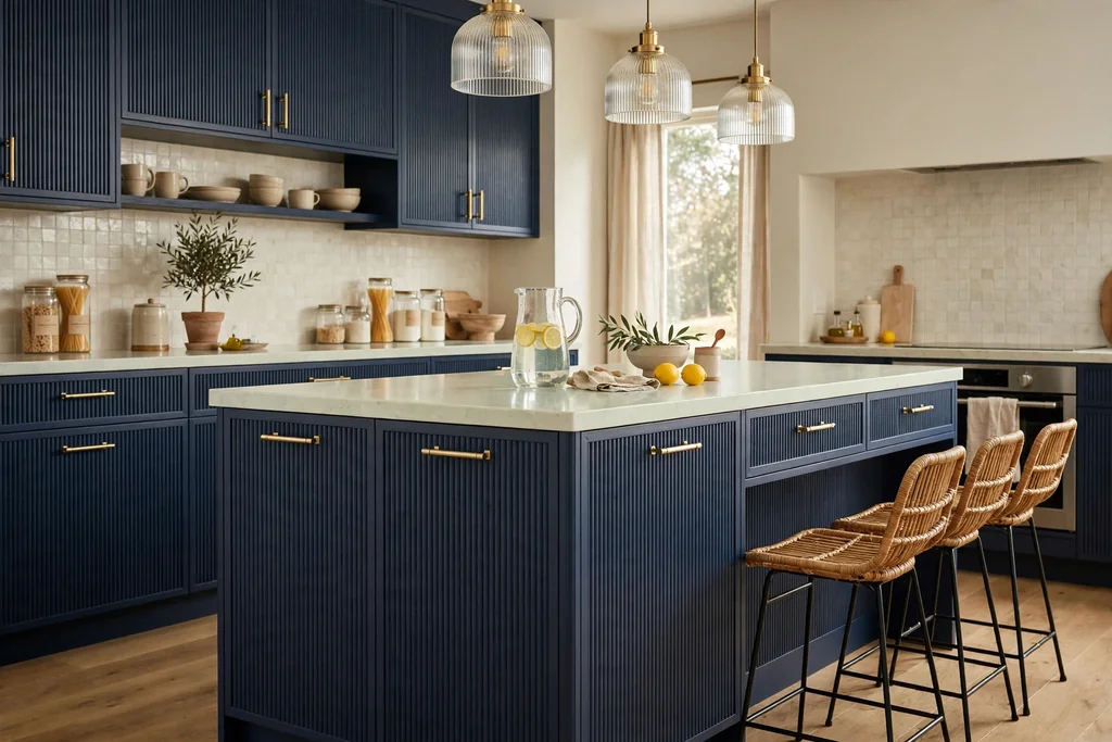 Kitchen island with fluted navy cabinet fronts and a pale counter.