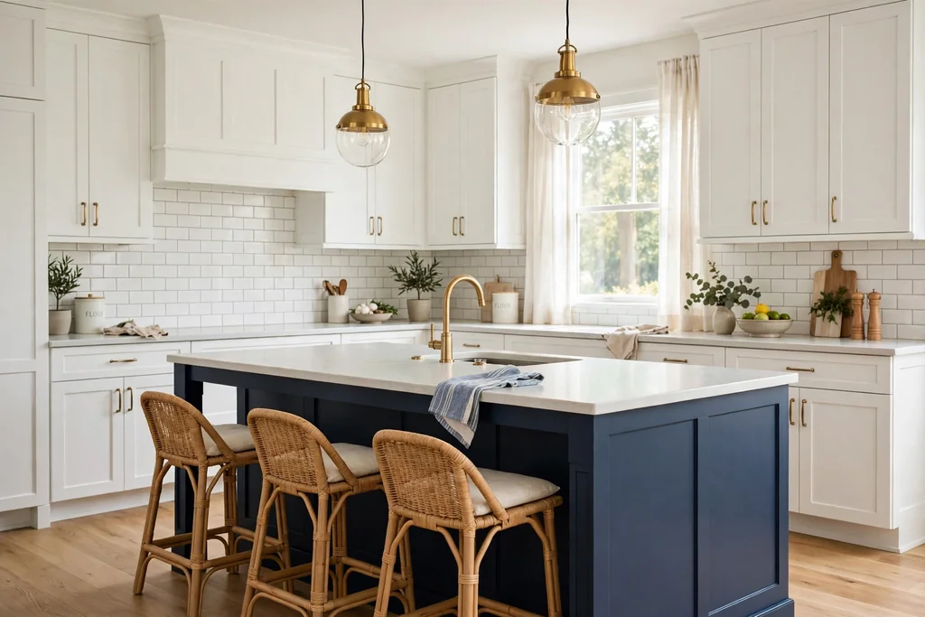 Navy kitchen island with a pale counter in a light kitchen with white cabinets.