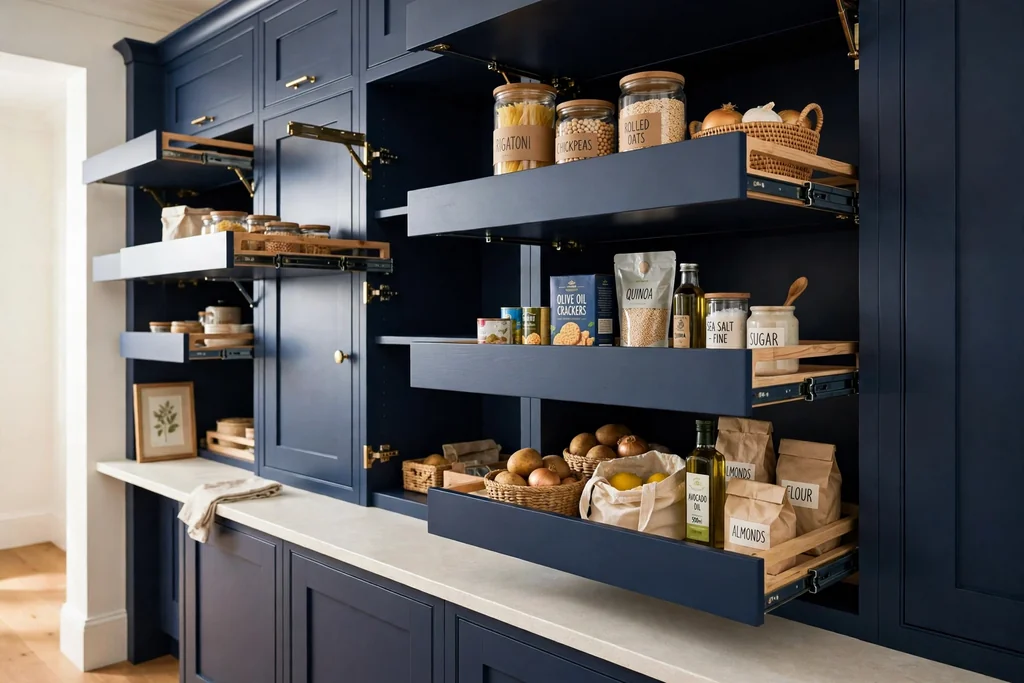 Floor-to-ceiling navy pantry wall with pull-out shelves and a pale counter.