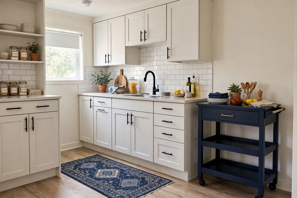 Rental kitchen refresh with a navy kitchen cart, navy rug, and swapped hardware.