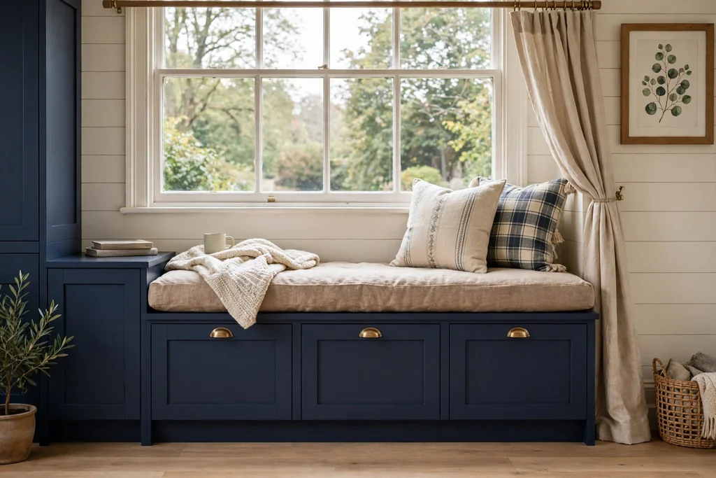 Window seat built from navy base cabinets with a cushion and storage below.