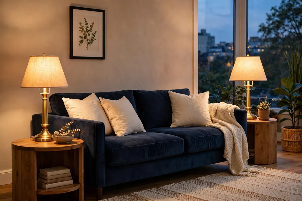 Brass table lamps beside a navy sofa in a warm living room.