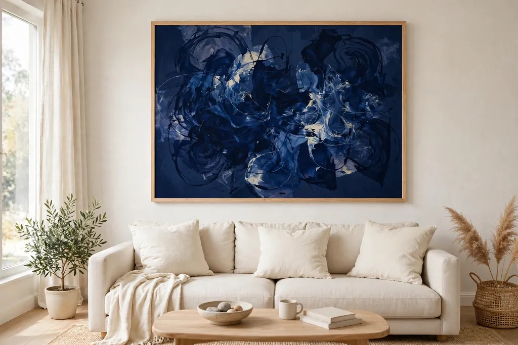 Large navy abstract print above a sofa in a light living room.