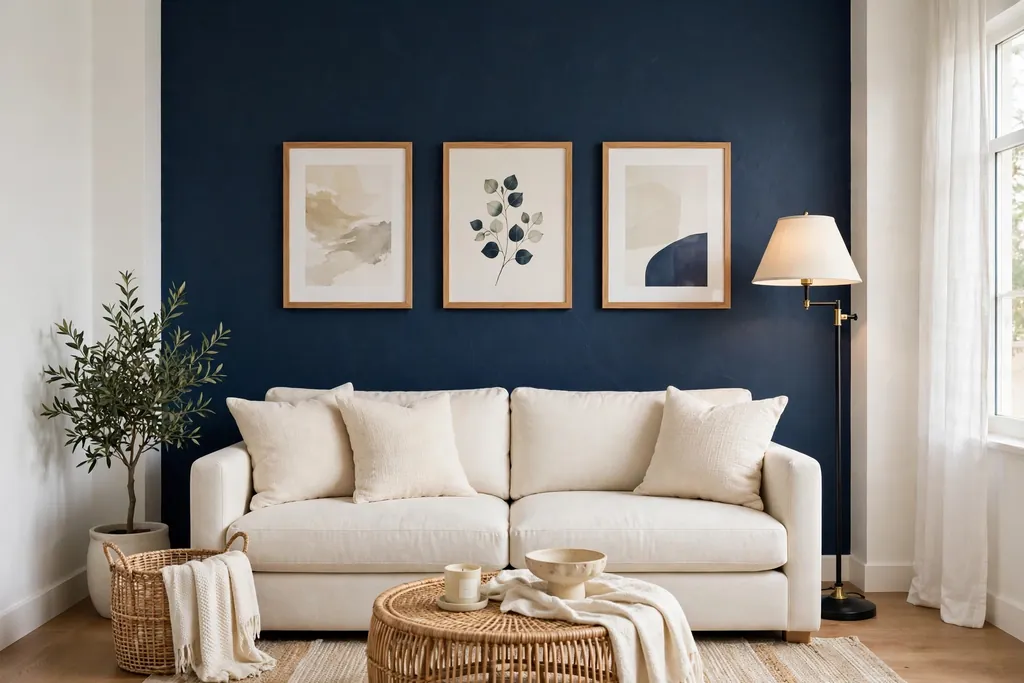 Navy accent wall behind a light sofa with framed art and a floor lamp.