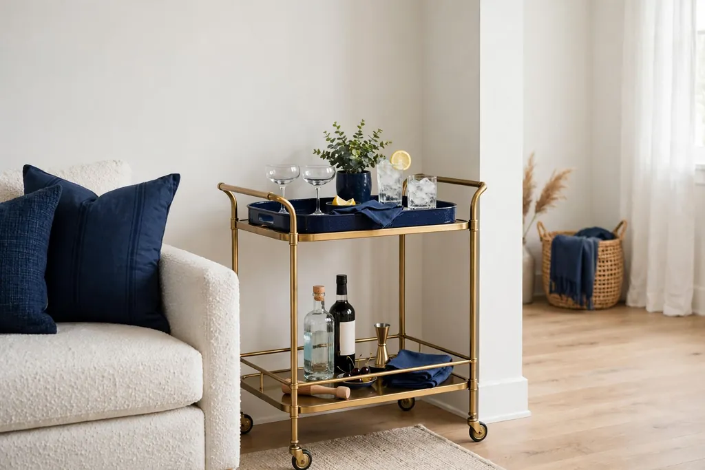 Bar cart corner with navy accents, glasses, and a small plant in a living room.