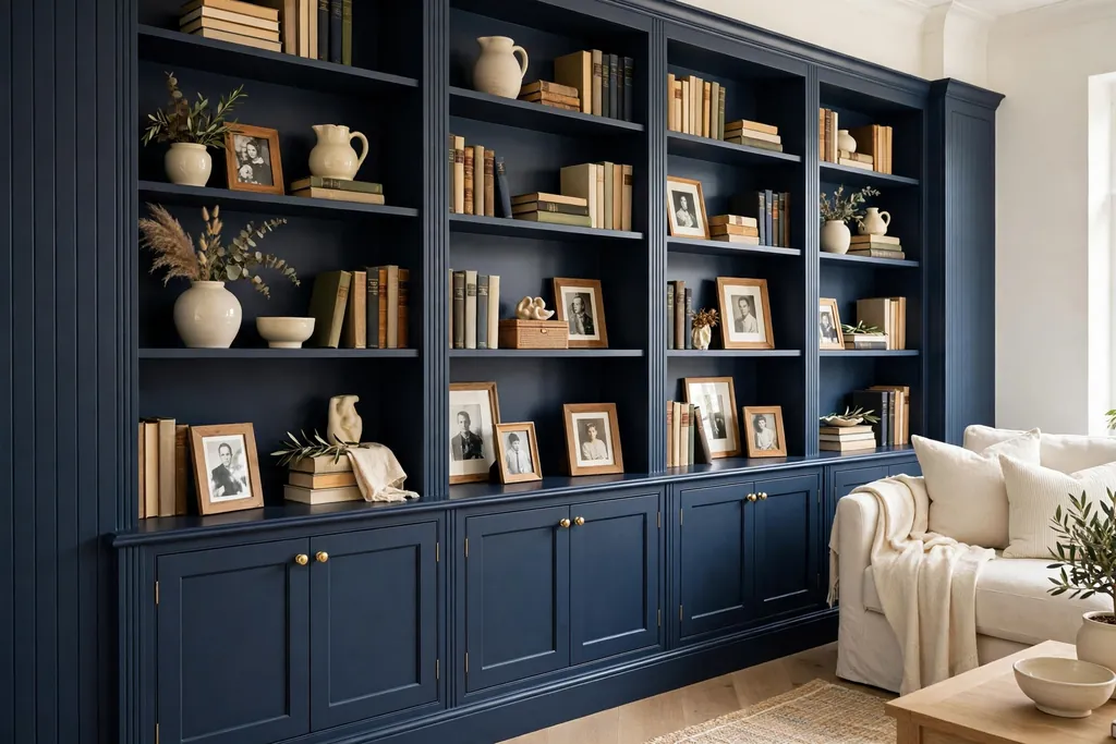 Navy built-in bookshelves styled with books, cream ceramics, and framed photos.