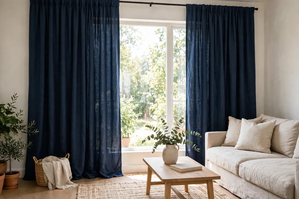 Floor-to-ceiling navy curtains framing a bright living room window beside a sofa.