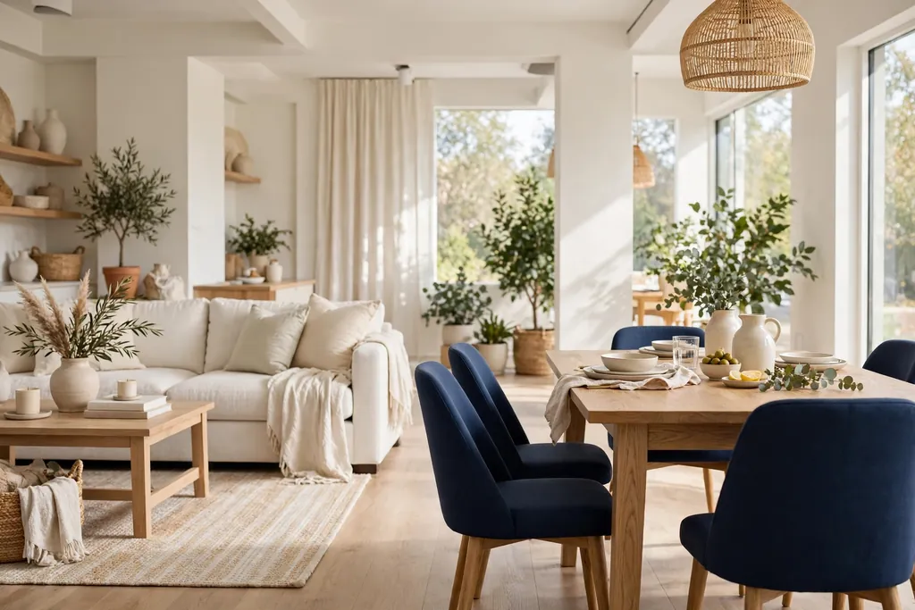 Open plan room with navy dining chairs and a light living seating area.